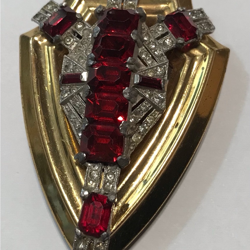 McClelland Barclay Art Deco Vintage Red and Clear Stones Dress Clip
